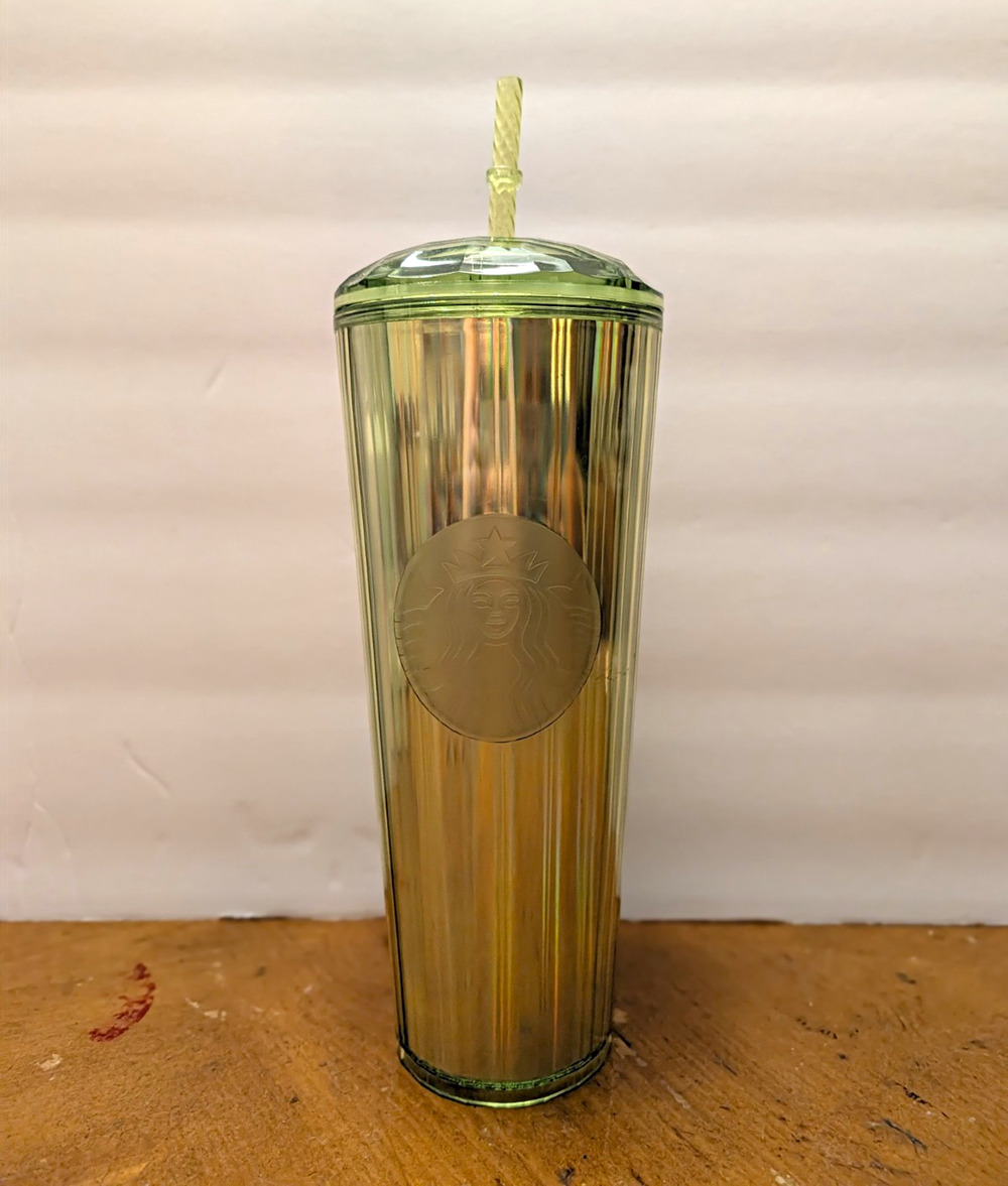 Starbucks 2022 Fall Rainforest Green Iridescent Grid Venti Tumbler 24oz straw